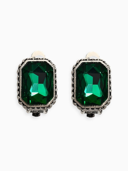 Серьги клипсы для ушей QF «Винтаж», цвет изумрудный в чернёном серебре