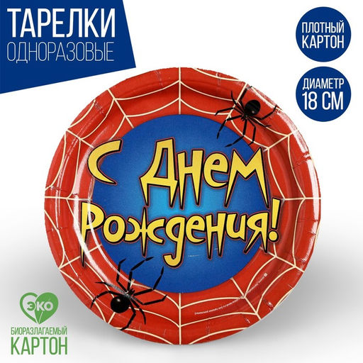 Тарелка бумажная С днём рождения, паутина, 18 см, набор 6 шт. - Страна карнавалия фото 6
