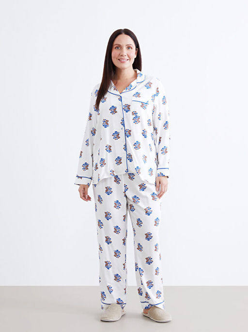 G?mlek Yaka ?i?ekli Kad?n Pijama Tak?m?