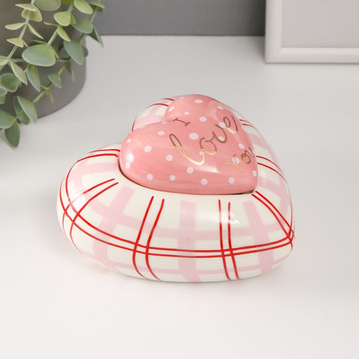 Шкатулка для украшений Розовое сердце в горошек, в клеточку, керамика, 15.7?15.3?8.2 см