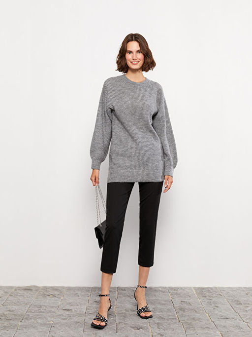 Bisiklet Yaka D?z Uzun Kollu Kad?n Triko Tunik