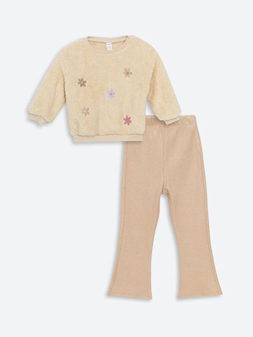 Bisiklet Yaka Nak??l? Uzun Kollu K?z ?ocuk Sweatshirt ve Tayt