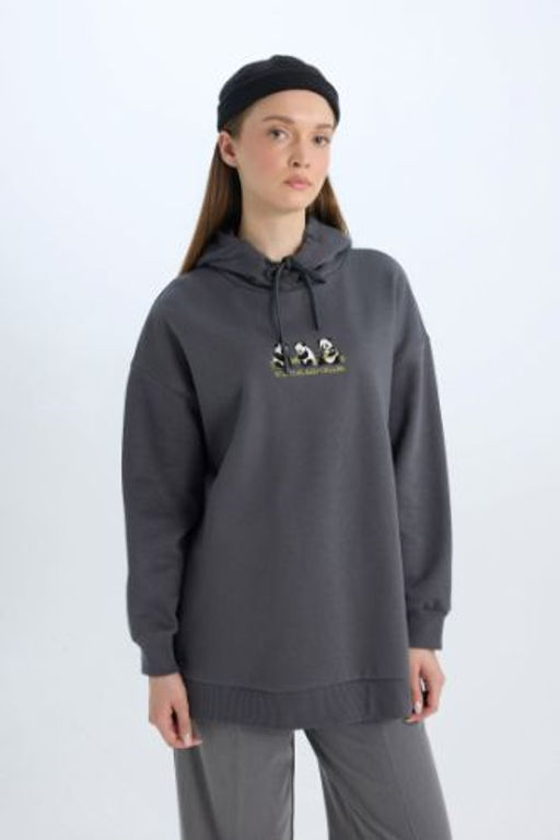 Regular Fit Kapusonlu Bask?l? Ici Yumusak Tuylu Kal?n Sweatshirt Tunik