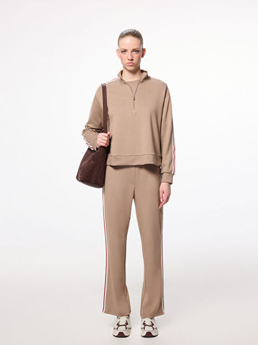 Dik Yaka ?erit Detayl? Kad?n Fermuarl? Sweatshirt