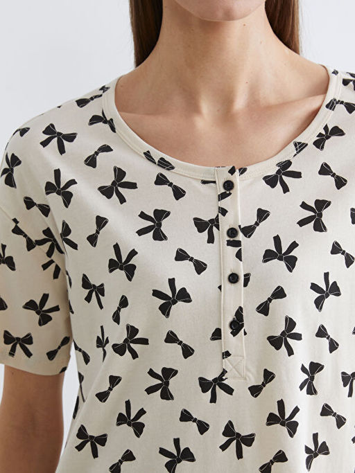 Bisiklet Yaka Fiyonk Desenli Hamile Gecelik