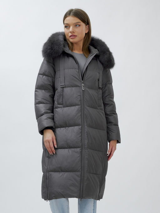 с натуральным мехом песца класса Люкс Бренд Visdeer Пальто зимние темно-серого цвета  фото 12