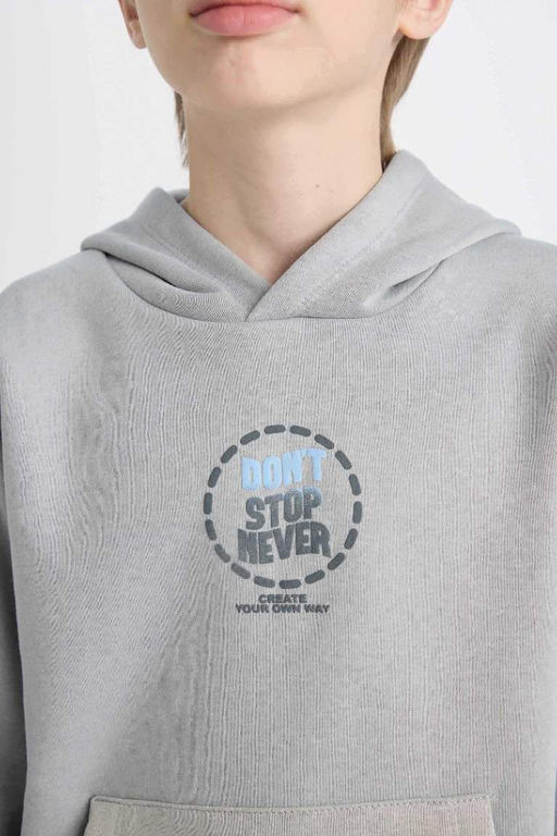Серый толстый свитшот обычного кроя с капюшоном и принтом на спине для мальчиков - Defacto фото 5