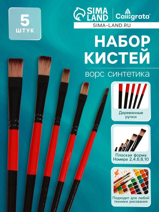 Набор кистей для рисования, нейлон, 5 штук, плоские, прямые, международный размер