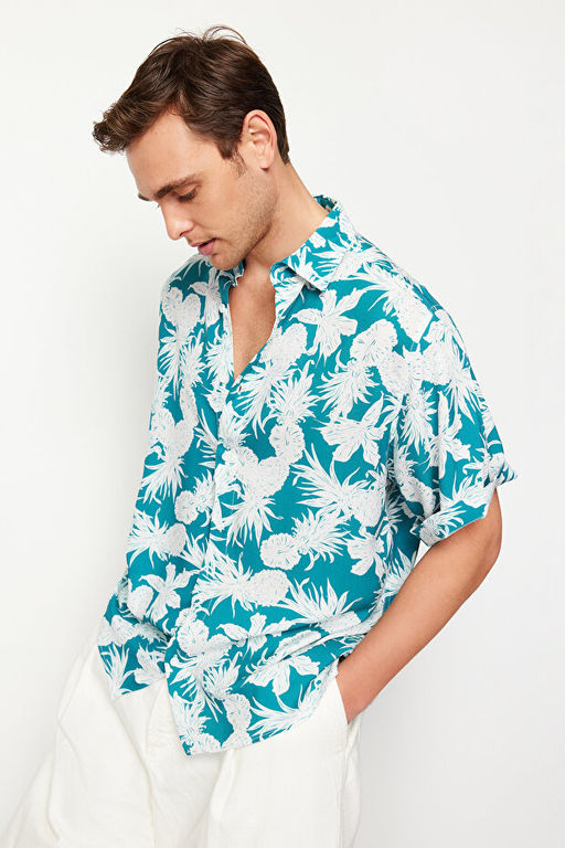 Mavi Unisex Oversize Fit Ananas Bask_l_ %100 Viskon K_sa Kollu Sala_ Yazl_k G_mlek TMNSS24GO00041 - Trendyolmilla фото 2