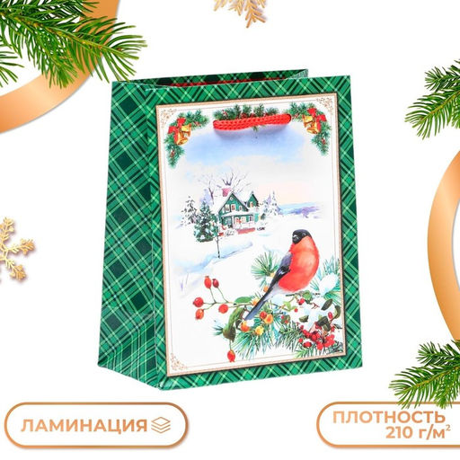 Цена за 4 шт. Пакет подарочный новогодний Снегирь на ветке, 11.5?14.5?6.5 см