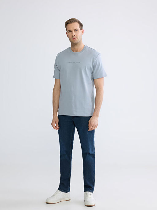 Oversize Fit Bisiklet Yaka Bask?l? Erkek Ti??rt