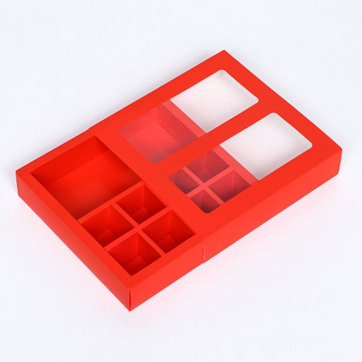 Цена за 2 шт. Коробка для 8 конфет + шоколад, с окном, алая, 17.7×17.7×3.8 см