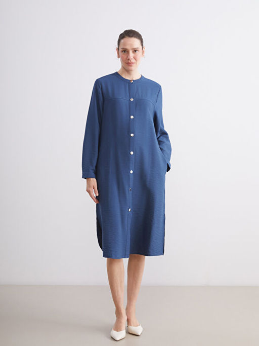 Bisiklet Yaka Keten G?r?n?ml? Elbise