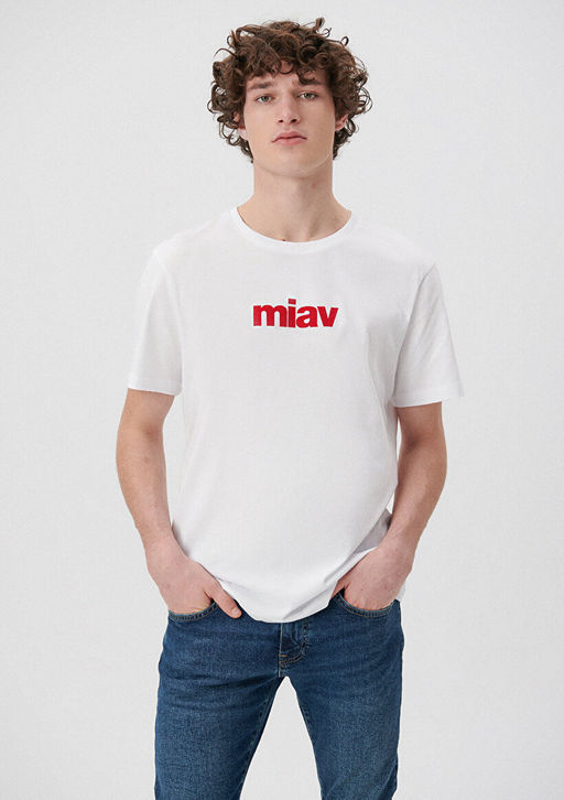 K?rm?z? Miav Bask?l? Beyaz Tisort