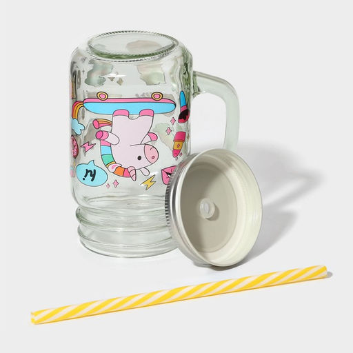Кружка Доляна «Единорог», 450 мл, 10×7.5×13 см, стекло, с крышкой и трубочкой