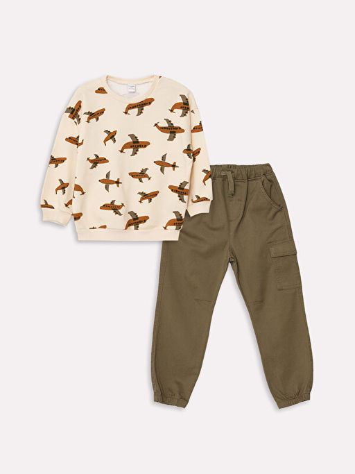 Bisiklet Yaka Bask?l? Erkek Bebek Sweatshirt ve Pantolon 2li Tak?m