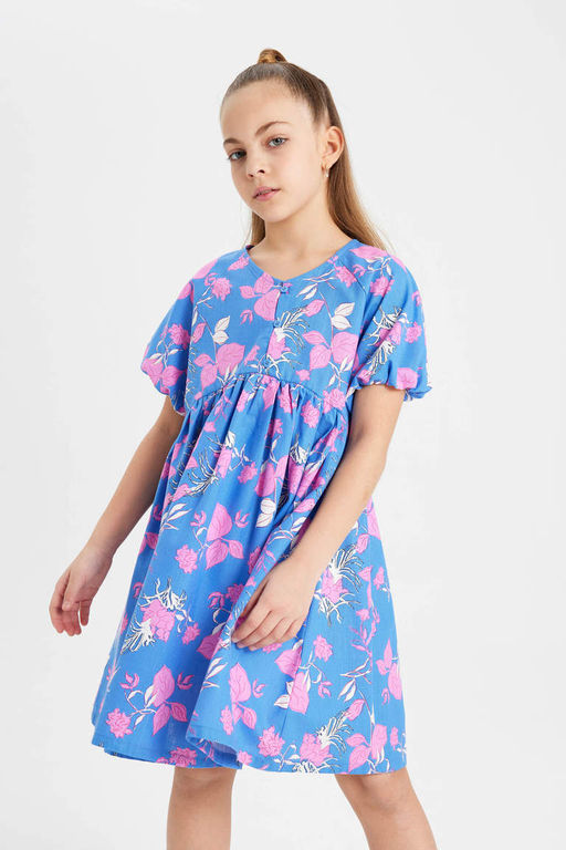 Хлопковое платье с короткими рукавами для девочек с рисунком - Defacto фото 3