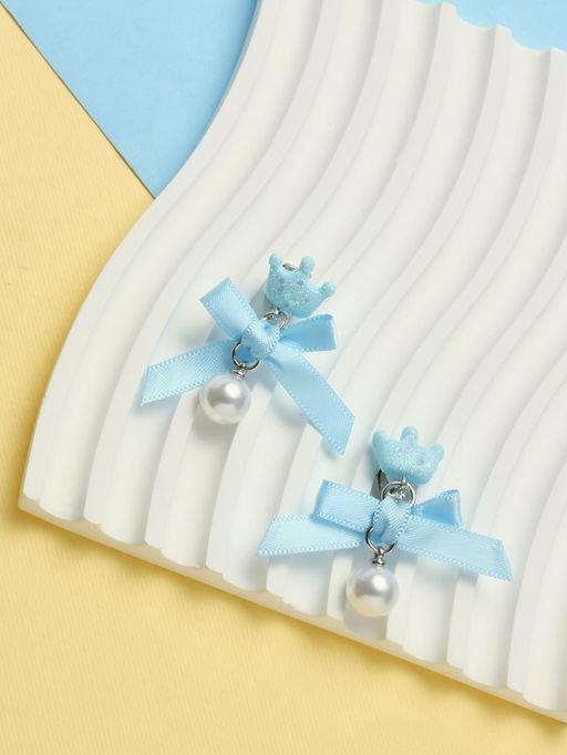 Серьги-клипсы детские «Выбражулька» корона с бантом и жемчужиной, голубой-белые