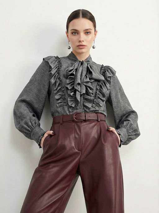 Блузка с рюшами и воротником-завязка OD-988-1 графит