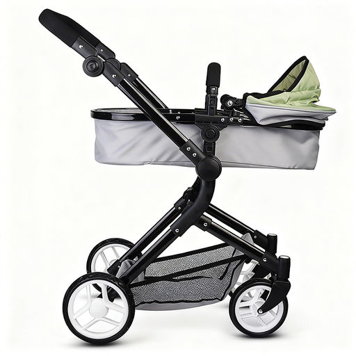 Коляская кукольная металлическая, прогулочная, с корзиной, серо-зеленая