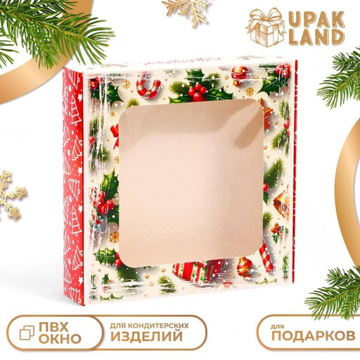 Цена за 5 шт. Коробка новогодняя подарочная складная с окном Прекрасного настроения, 13?13?3 см