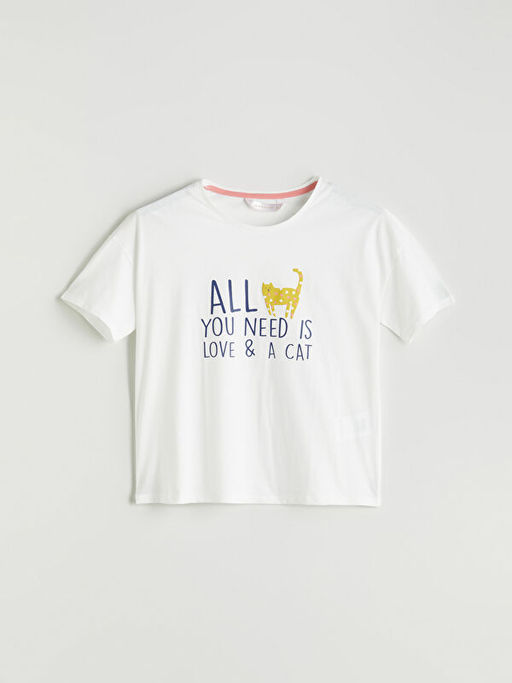 Bisiklet Yaka Bask?l? Kad?n Pijama ?st