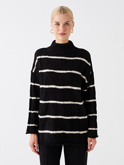 Yar?m Bal?k?? Yaka ?izgili Uzun Kollu Kad?n Triko Kazak