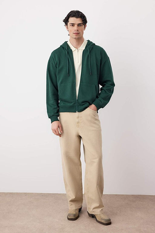 Koyu Ye_il Oversize/Geni_ Kesim Fermuarl_ Basic _ardonsuz Sweatshirt-H_rka TMNAW22SW0620 - Trendyolmilla фото 2
