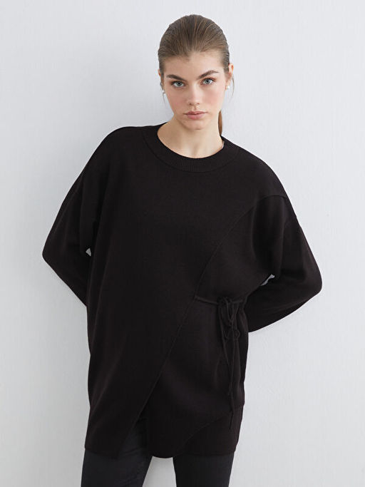 Bisiklet Yaka Ba?lama Detayl? Kad?n Triko Tunik