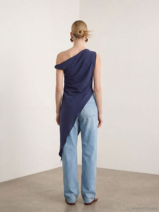 D?k?ml? Yaka Modal Kar???ml? Asimetrik Kesim Bluz