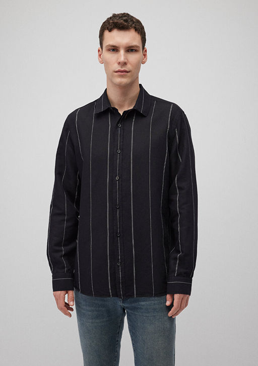 Cizgili Siyah Gomlek - Mavi фото 3