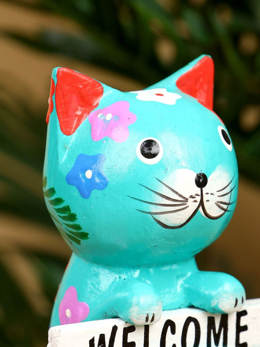 Сувенир «Кот с табличкой WELCOME», 8×5×10 см, дерево, бирюзовый