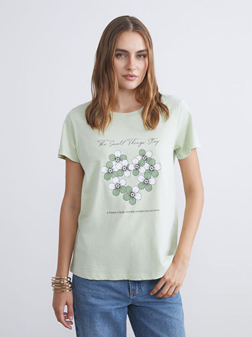 Bisiklet Yaka Bask?l? Kad?n Ti??rt