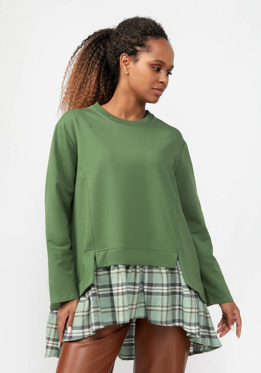 Туника оверсайз из комбинированной ткани оливковый