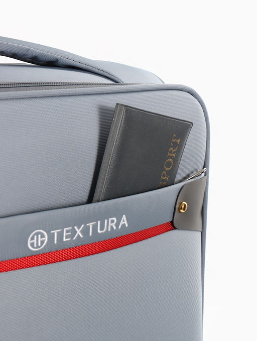 Чемодан 20",Текст,36*25*58,отд на молнии,1 нар/карм, увелич,код замок,4 колеса, т.серый