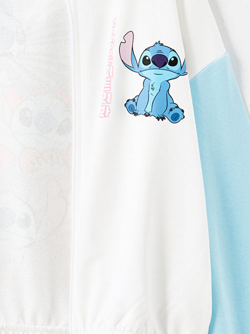 Kap??onlu Stitch Bask?l? K?z ?ocuk Fermuarl? Sweatshirt