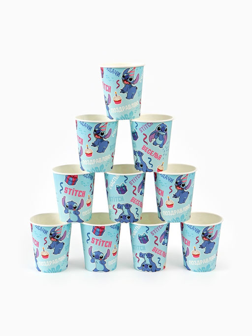 Посуда одноразовая бумажная на 10 персон: стаканы, тарелки, скатерть, Стич