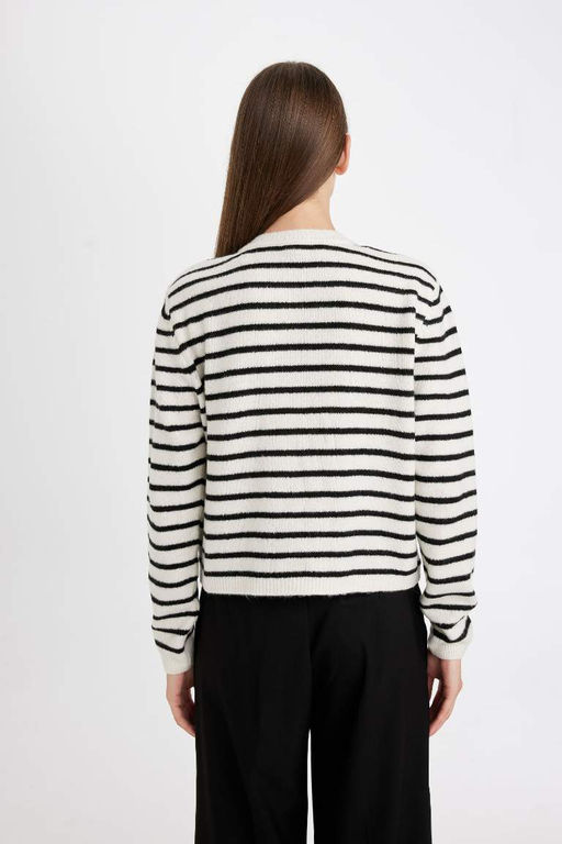 Полосатый кардиган стандартного кроя с круглым вырезом - Defacto фото 7
