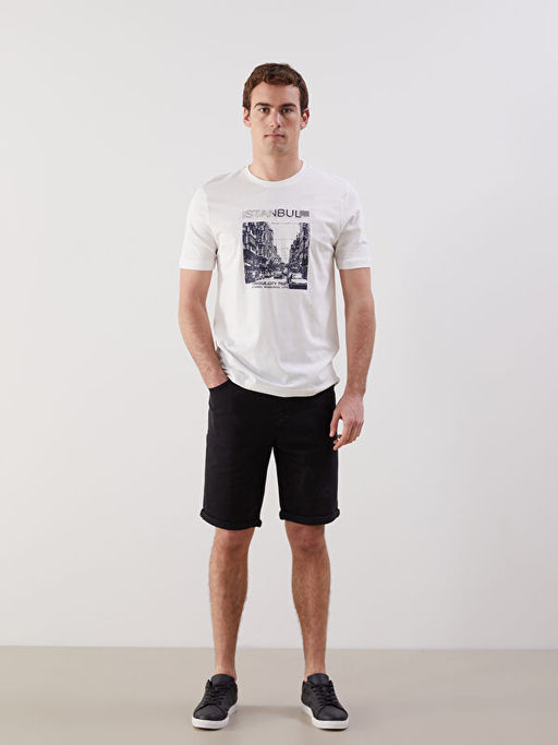 Bisiklet Yaka Bask?l? Penye Erkek Ti??rt