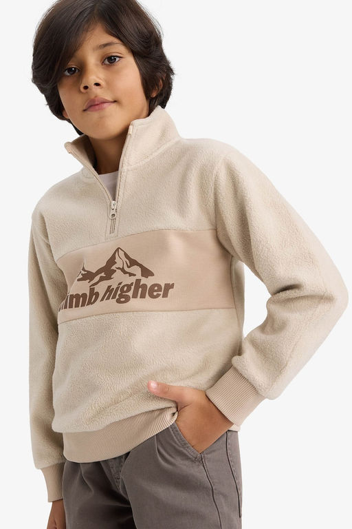 Yar_m Fermuarl_ Bask_l_ Polar Sweatshirt Erkek _ocuk