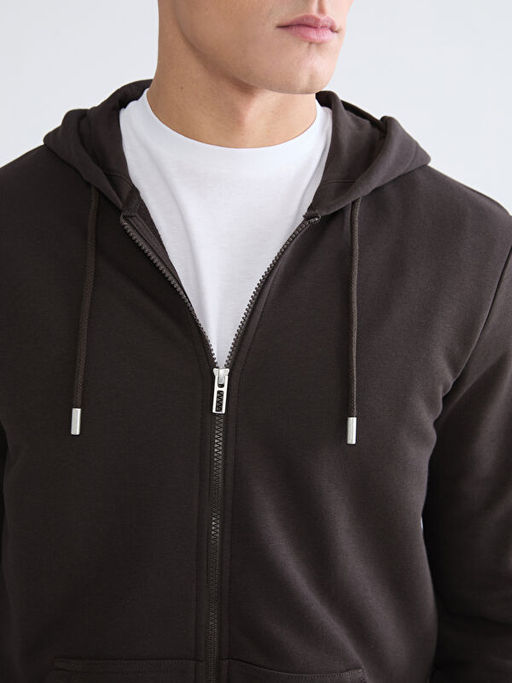 Standart Kal?p Kap??onlu Erkek Fermuarl? Sweatshirt