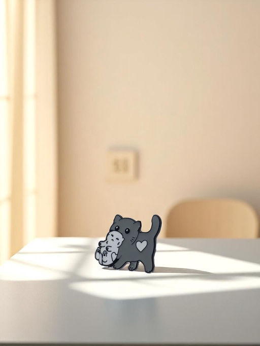 Значок «Кошка с котёнком», серо-белый в чёрном металле