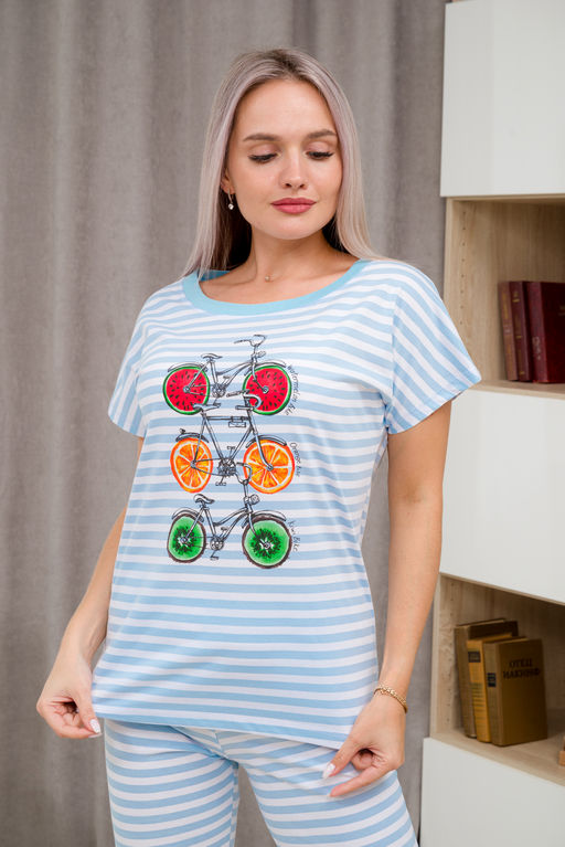 Пижама женская из футболки со спущенным плечом и бридж из кулирки Fruits&bikes голубой - Амадэль фото 8