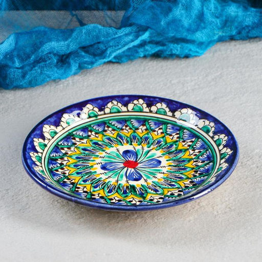 Тарелка Риштанская Керамика Цветы, синяя, плоская, 15 см - Шафран фото 4