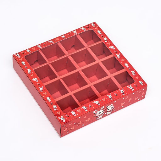 Цена за 5 шт. Коробка под 16 конфет, красная «Зайки» 17.7×17.7×3.8 см