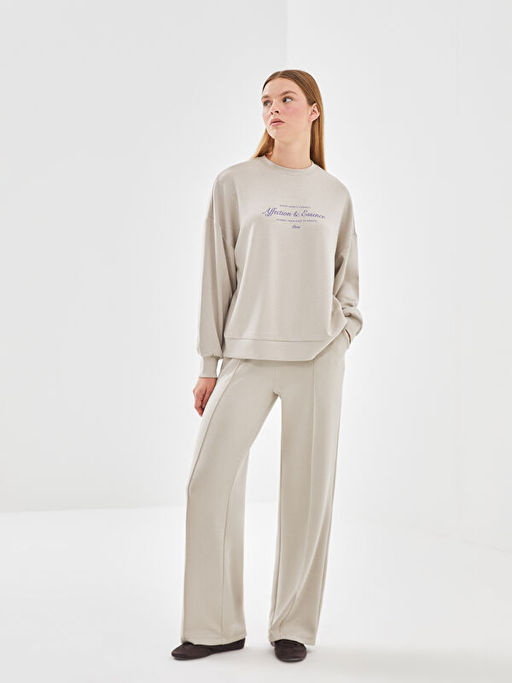 Bisiklet Yaka Bask?l? Oversize Kad?n Sweatshirt