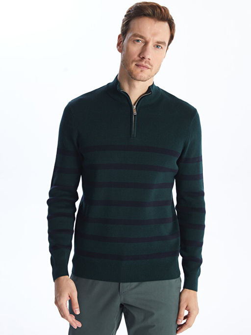 Dik Yaka Uzun Kollu ?izgili Erkek Triko Kazak