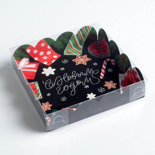 Цена за 5 шт. Коробка для кондитерских изделий с пластиковой крышкой «С Новым годом», 13×13×3 см