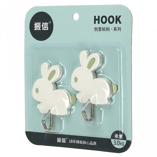 Крючок на липучке "Зайчик" металлический с пластмассовым основанием, 2 штуки 5,8х7,8х2см, в блистере, цвета в ассортименте: розовый, фисташковый, мятный (Китай)
