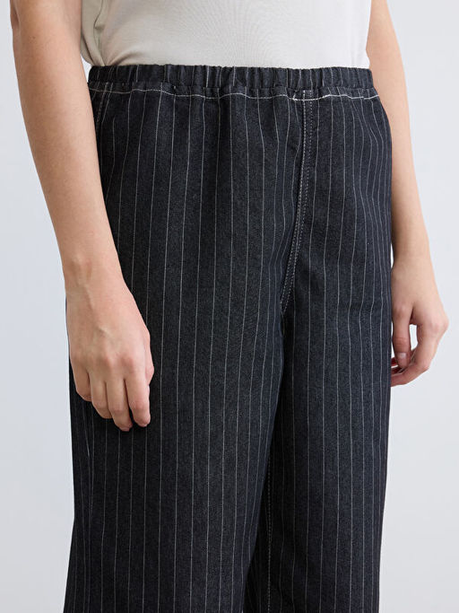 Beli Lastikli ?izgili Wideleg Kad?n Jean Pantolon